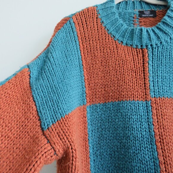 DRESSED IN LALA Rue Oversized Checkered Knit Sweater in Rust Blue - Size S/M - Picture 6 of 13